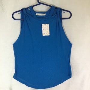 We The Free Tee Shirt Womens Lapis Blue Sleeveless  Knoted Open Shoulder